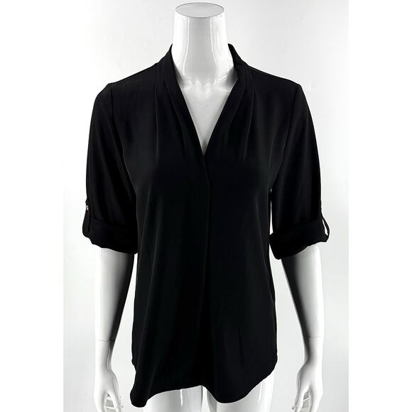 Calvin Klein Top Size Small Black V Neck Surplice Roll Tab Sleeve Stretch Womens - Picture 1 of 6